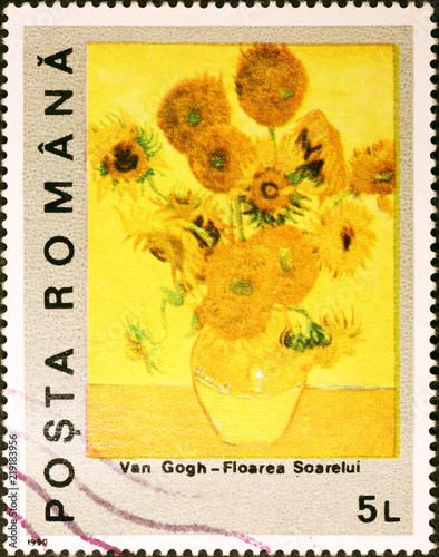 Flower pot by Van Gogh on postage stamp