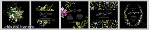 big set of watercolor vector cards with flowers and leaves. Wedding ornament concept. Floral magazine, poster, invite. Vector layout decorative greeting card or invitation design background