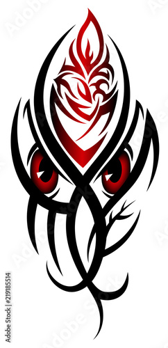Black tribal flower face with red angry eyes on white background