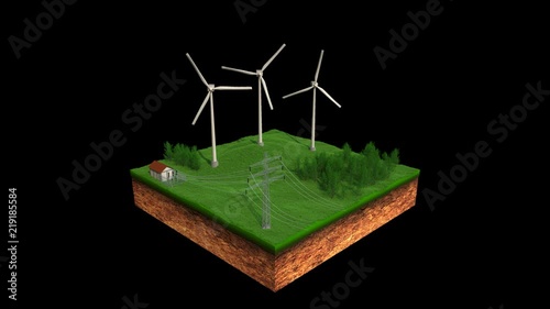 Wind Power Plant Sending Eco Power to Electric Power Transmission - 3D Animation with Alpha, loop