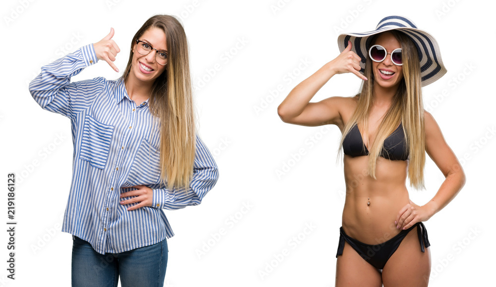 Young beautiful blonde woman wearing business and bikini outfits smiling doing phone gesture with hand and fingers like talking on the telephone. Communicating concepts. - obrazy, fototapety, plakaty 
