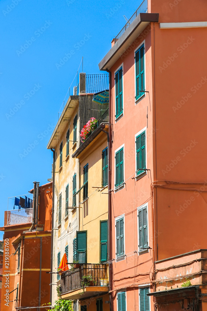 View on the beautiful colourful houses in Cinque Terre, Italy on a sunny day.