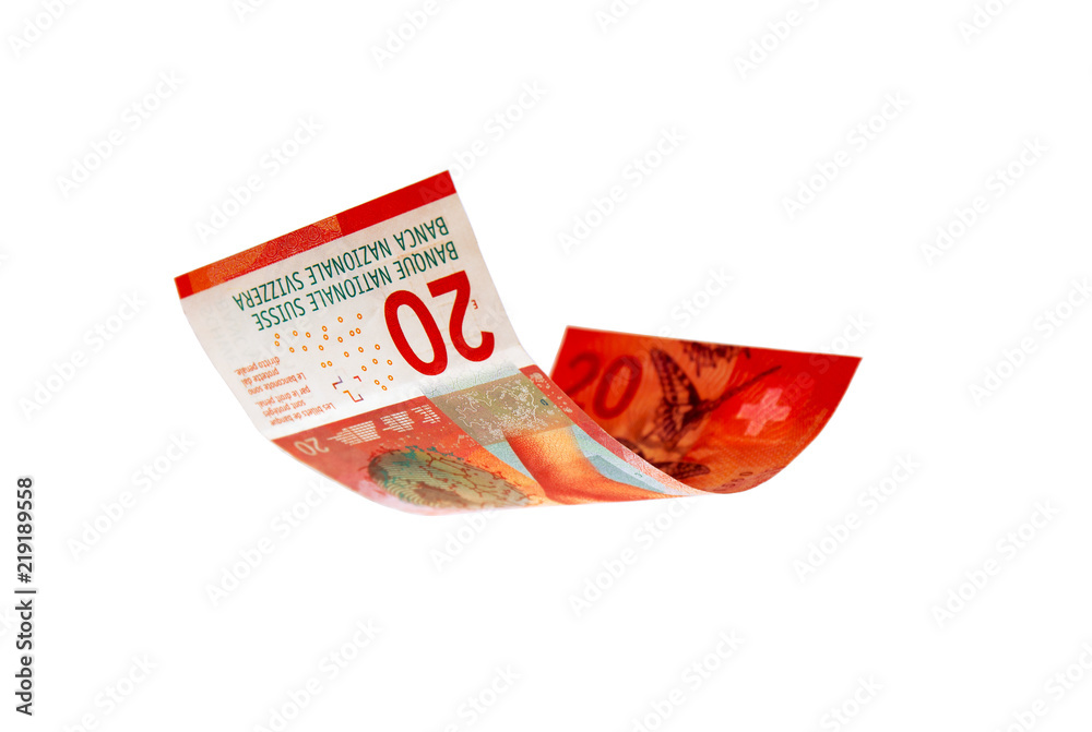 Flying Swiss money - 20 francs note isolated with clipping path