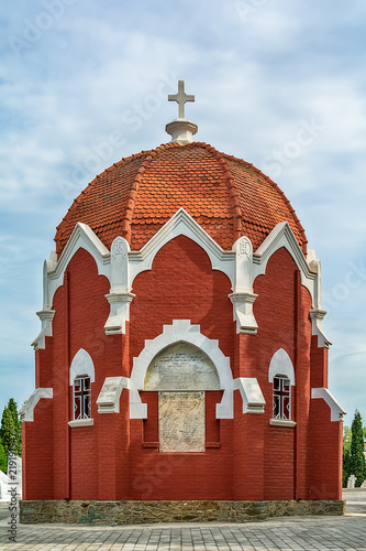 Thessaloniki, Greece - August 16, 2018: Zeitenlik, Red Catholic Church. Zeitenlik war cemetery in Thessaloniki photo