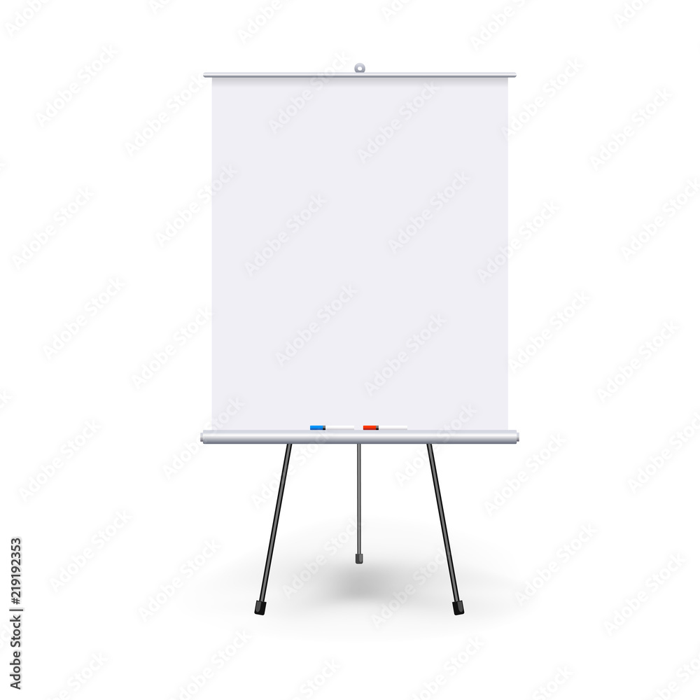 Vector realistic blank flipchart with three legs isolated on white clean background. White roll up banner for presentation, corporate training and briefing. Vector mockup. Vector realistic blank flipchart with three legs isolated on white clean background. White roll up banner for presentation, corporate training and briefing. Vector mockup.