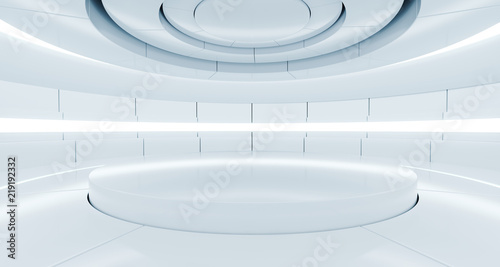 Fototapeta Naklejka Na Ścianę i Meble -  Futuristic Empty Stage Alien Ship Modern Future Background Technology Sci-Fi Interior Concept With Reflective Metal Surface And Space 3d rendering