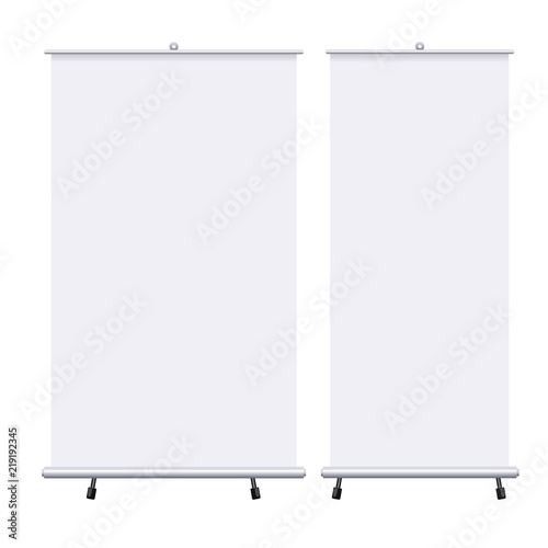 Blank roll up banners set isolated on the white background. Design template blank pop up banner for presentation, corporate training and briefing. Vector mockup.