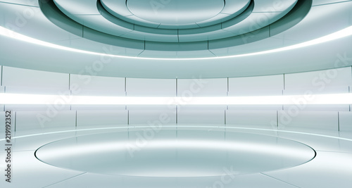 Fototapeta Naklejka Na Ścianę i Meble -  Futuristic Empty Stage Alien Ship Modern Future Background Technology Sci-Fi Interior Concept With Reflective Metal Surface And Space 3d rendering
