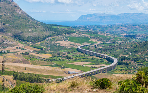 Panoramic view of the surrounding landscape from Segesta, ancient greek town in Sicily, southern Italy.