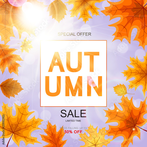Abstract Vector Illustration Autumn Sale Background with Falling Autumn Leaves