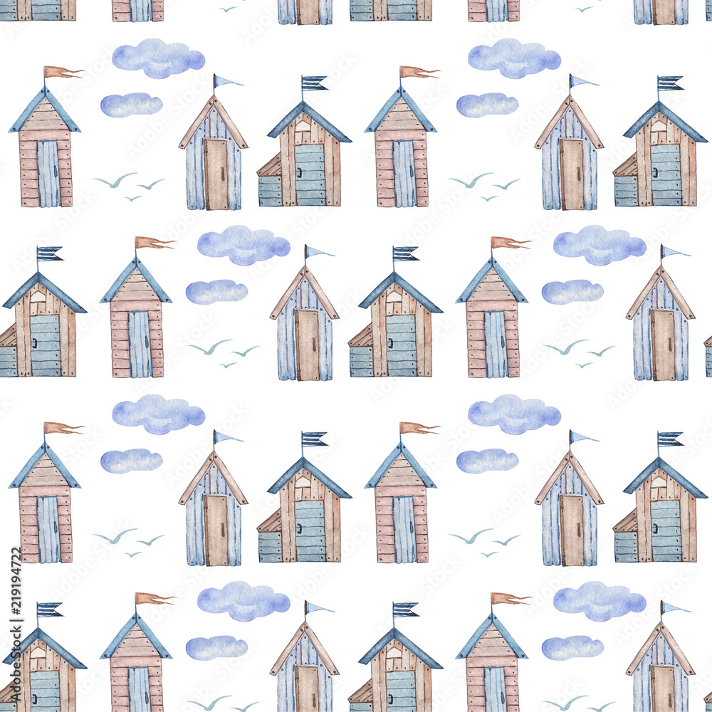 seamless background of wooden houses in marine style on a white background