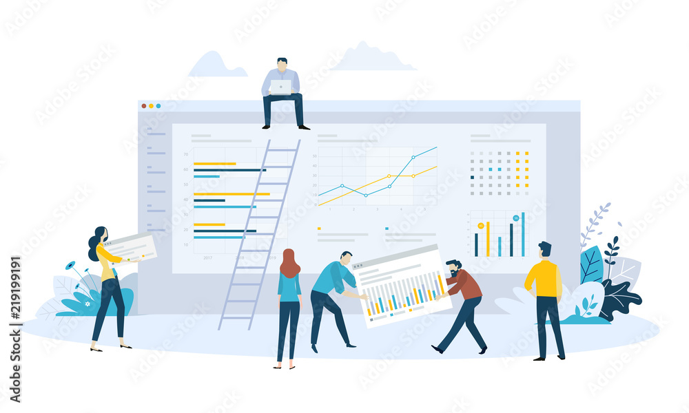 Vector illustration concept of business management software, statistics, trends and productivity, app development, data analysis. Vector illustration concept of business management software, statistics, trends and productivity, app development, data analysis.