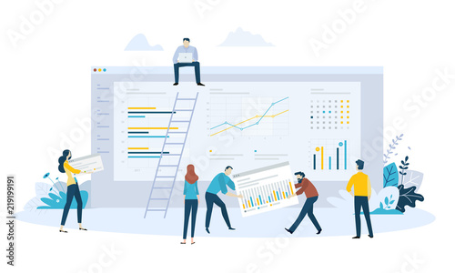 Vector illustration concept of business management software, statistics, trends and productivity, app development, data analysis. 