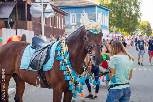 Borovsk, Russia - August 18, 2018: Celebration of the 660th anniversary of the city of Borovsk. Beautifully dressed riding horse