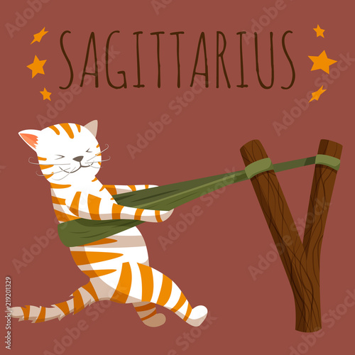 Sagittarius zodiac sign; cute cartoon cat character stylized as sagittarius; cat with a sling; vector EPS10