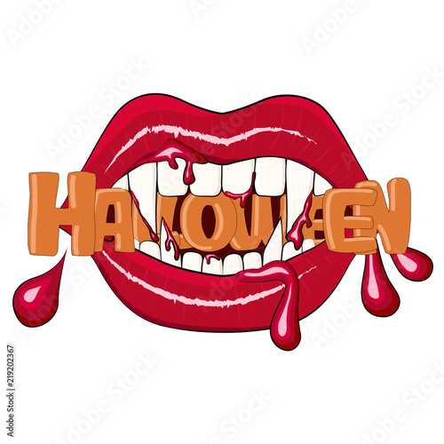 Vector image of a bloody vampire mouth with fangs and the inscription "Halloween".