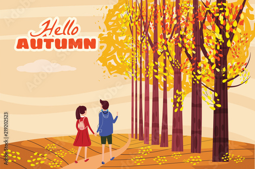 Hello autumn, Autumn alley, couple guy and girl characters walking along the path in the park, fall, autumn leaves, mood, color, vector, illustration, cartoon style, isolated