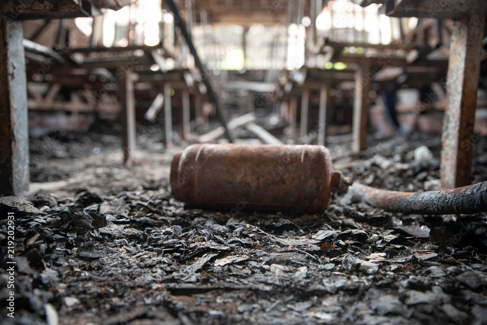 Burned down bus, inside. After a fire. Conception - is fire safety Burned down bus, inside. After a fire. Conception - is fire safety