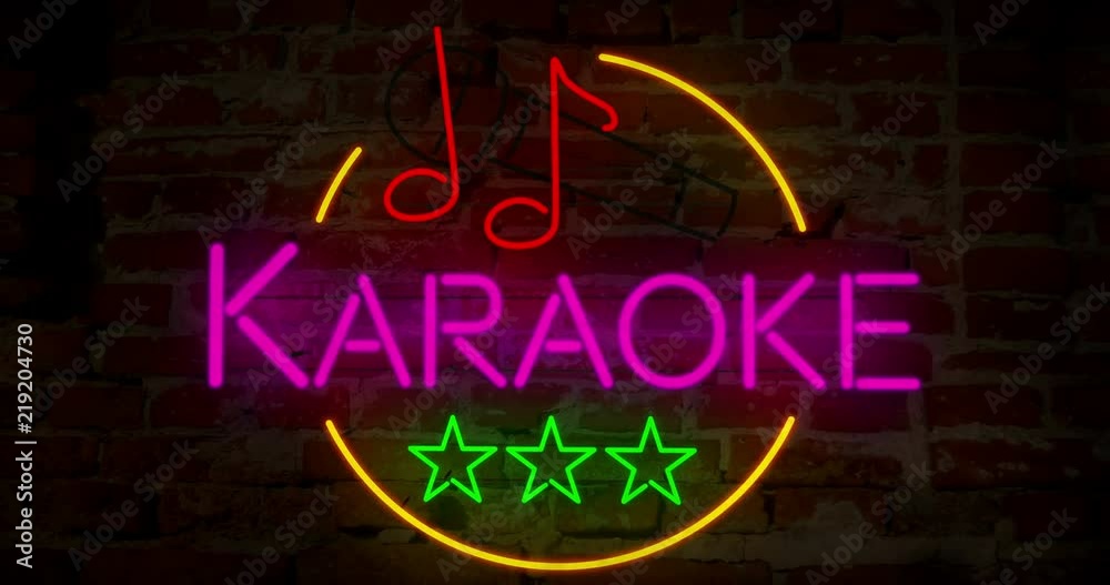 Karaoke neon retro animation intro. Abstract 3D flight over electric lettering on brick wall background. Live sing event advertising in motion rendering. Karaoke neon retro animation intro. Abstract 3D flight over electric lettering on brick wall background. Live sing event advertising in motion rendering.