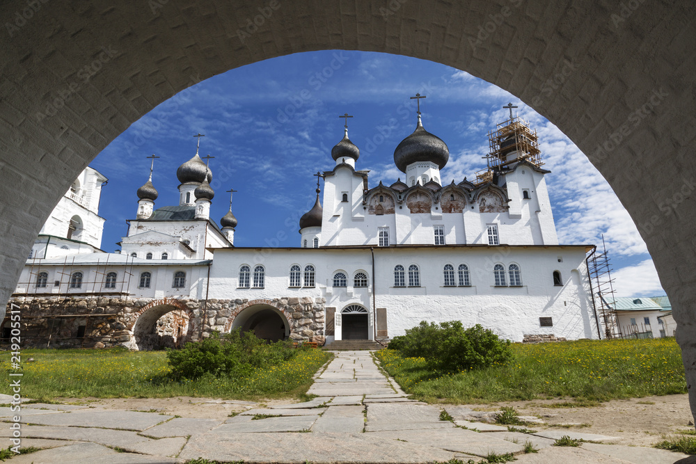 View of the Spaso-Preobrazhensky the Solovetsky Stavropegial monastery through the Holy gates. Bolshoy Solovetsky island in the White sea. Arkhangelsk region, Russia