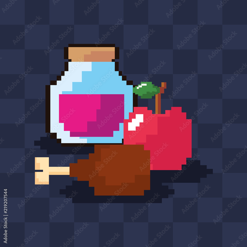 videogame pixelated chicken thigh and related objects over blue background, colorful design. vector illustration videogame pixelated chicken thigh and related objects over blue background, colorful design. vector illustration