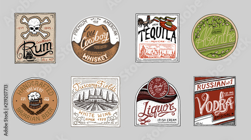 Vintage American badge. Absinthe Tequila Vodka Liqueur Rum Wine Strong whiskey Beer. Alcohol Label with calligraphic elements. Frame for poster banner. Hand drawn engraved lettering for t-shirt.