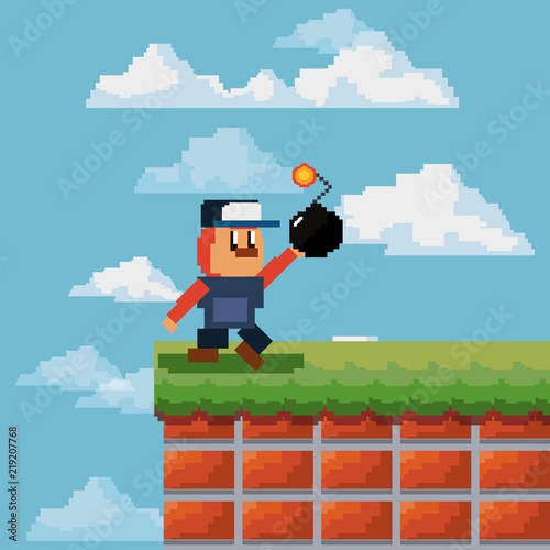 pixelated videogame design with adventure man character holding a bomb over sky background, colorful design. vector illustration