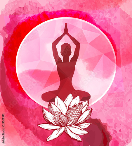 lotus flower and female silhouette above it. Yoga logo emblem. 