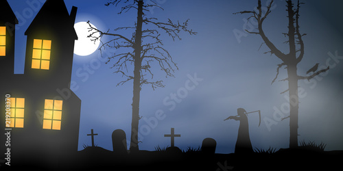 Scary vector haloween landscape with haunted house, graveyard and a death with scythe in full moon.