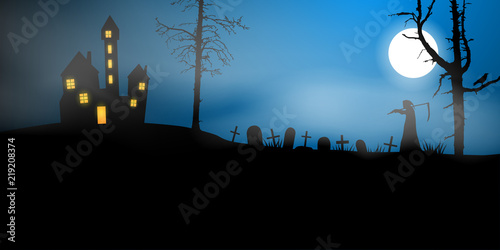 Scary vector haloween landscape with haunted house, graveyard and a death with scythe in full moon.
