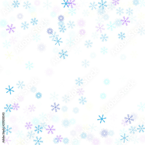 Falling down snow confetti, snowflake vector border. Festive winter, Christmas, New Year sale background. Cold weather, winter storm, scatter texture. Hipster snowfall falling snowflakes cool confetti