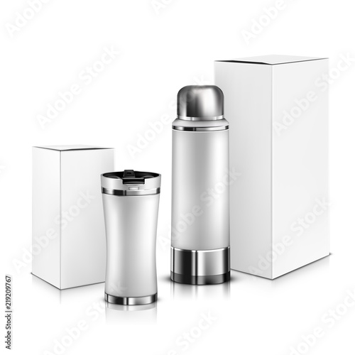 Vector. Mock Up. White Set Thermos and Thermomug vs Box