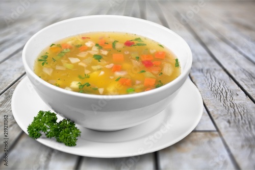 Vegetable soup on table
