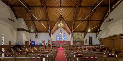 Interior of the historic Zion Evangelical Lutheran Church in Lunenburg, Nova Scotia