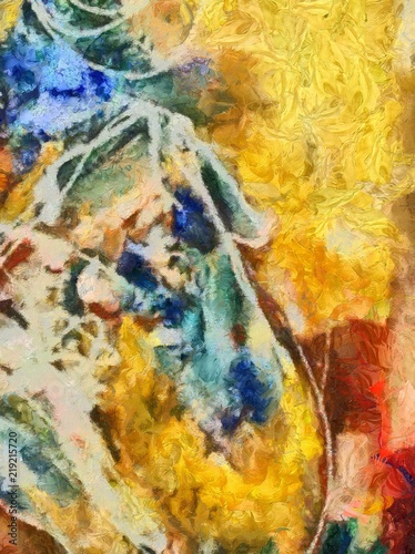 Close up oil paint abstract background. Art textured brushstrokes in macro. Part of painting. Old style artwork. Dirty watercolor texture. Modern pattern. Chaotic splashes. © Alexandr