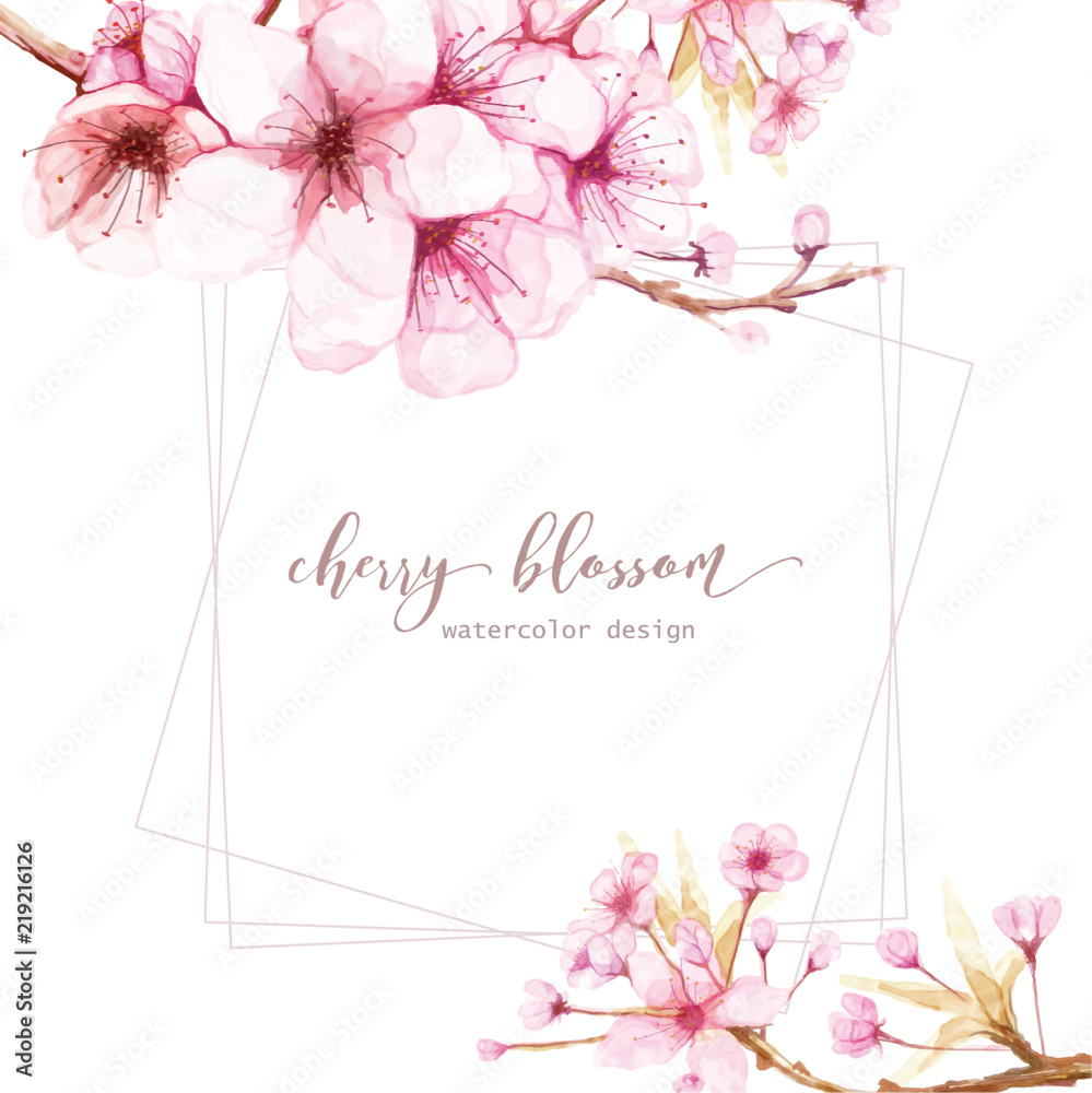 Card template with watercolor flowers of cherry blossom