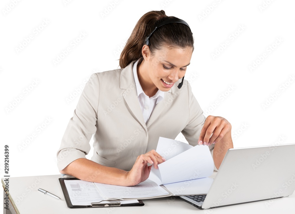 Woman Call Center operator isolated on white Woman Call Center operator isolated on white