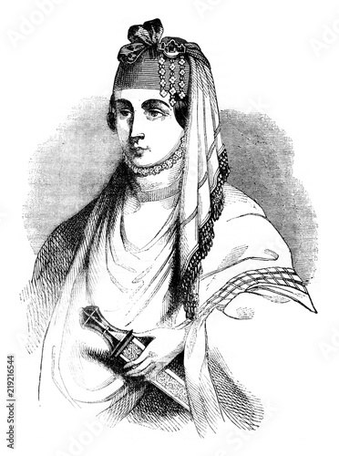 Portrait of beautiful Maani Giorida, wife of Peter Della alle, vintage engraving. photo