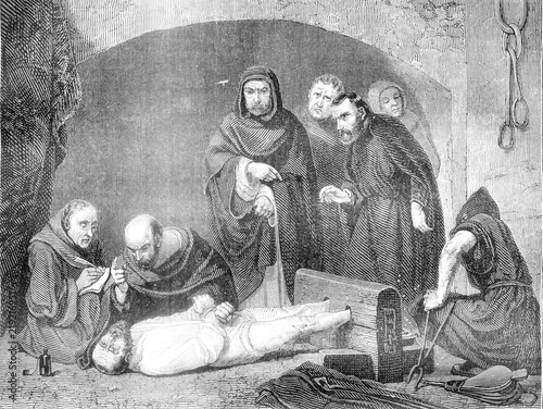 From 1841 Exhibition of painting, A Scene of the Inquisition, vintage engraving. photo