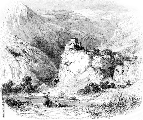 The Castle of Ortenstein, vintage engraving. photo