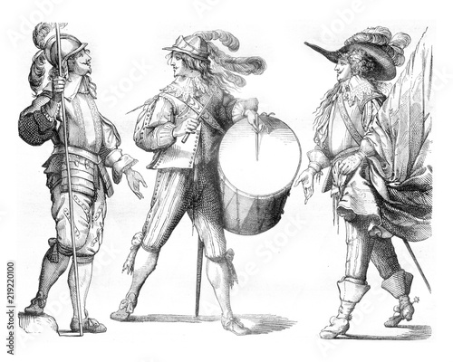 Piker, Drum and Flag Bearer of french Guards in 1635, vintage engraving. photo