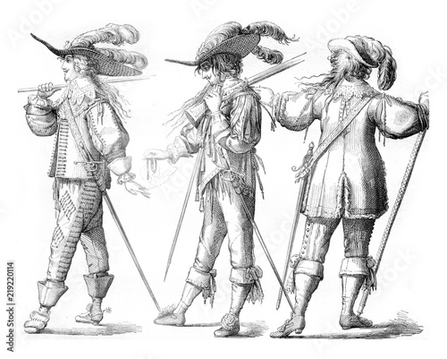 Officer and Musketeer on foot of the French Guards, in 1635, Officer with the hongreline, in 1643, vintage engraving. photo