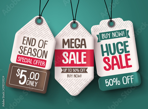 Sale tag vector set. Paper price tags with discount sale text hanging in a background for end of season shopping promotions. Vector illustration.
