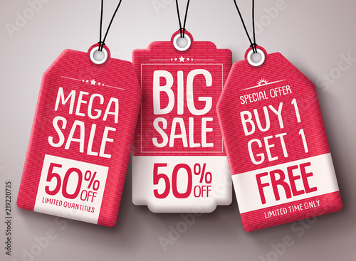 Sale price tag vector set. Red paper tags template with big sale and discount text hanging in a background for end of season store marketing promotion. Vector illustration.
