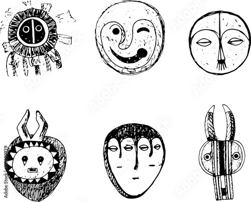 African mask set. Sketch doodle graphic art. Isolated elements collection. Vector illustration