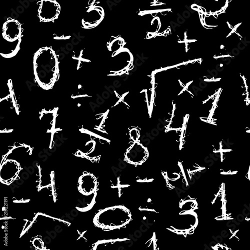 Doodle seamless pattern with numbers. Hand drawn white numbers on the blackboard black background. Vector illustration
