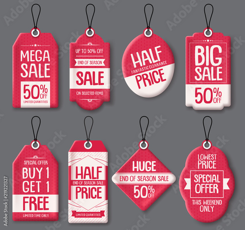 Sale tag templates vector set. Red paper price tags with big sale and discount text in different shapes for end of season store marketing promotions. Vector illustration.
