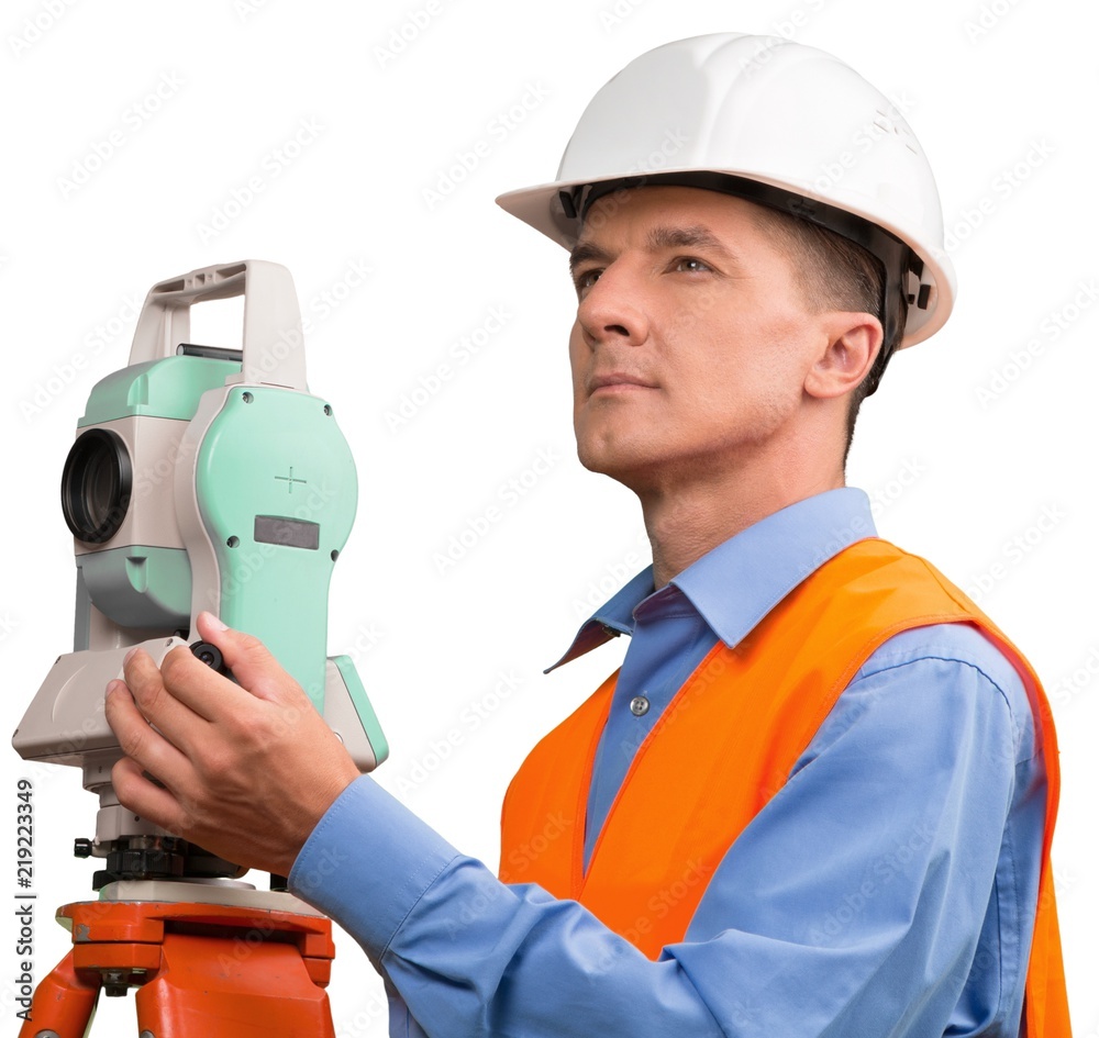 Portrait of a Land Surveyor Working with Modern Theodolite Portrait of a Land Surveyor Working with Modern Theodolite