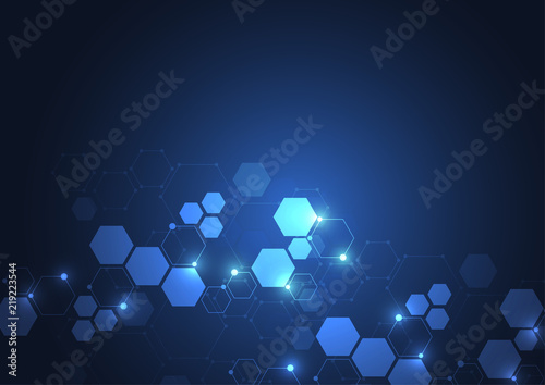Abstract hexagonal molecular structures in technology background and science style. Medical design. Vector illustration © royyimzy