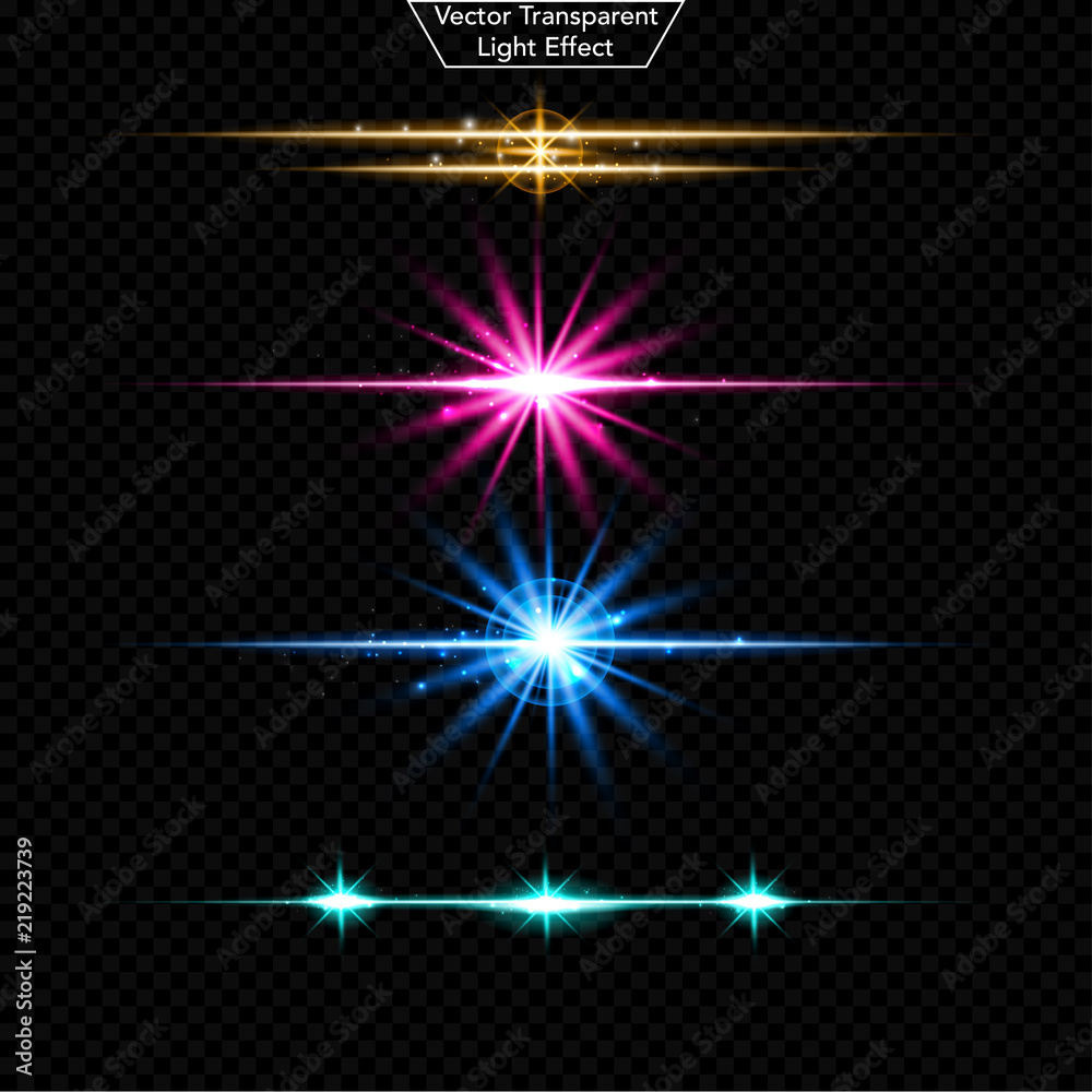 Obraz premium Set of glowing light effect. Realistic Lens and sparkles light. Isolated on black transparent background. Star burst with sparkles. vector illustration
